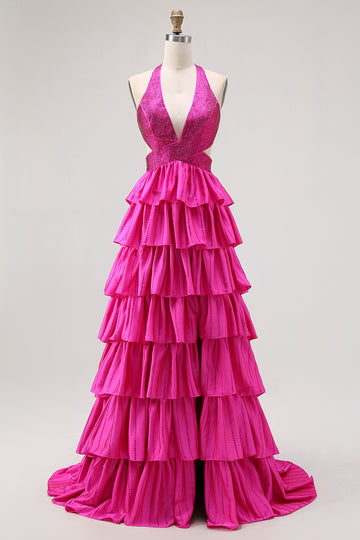 Fuchsia A Line Halter Open Back Tiered Cut Out Beaded Long Prom Dress